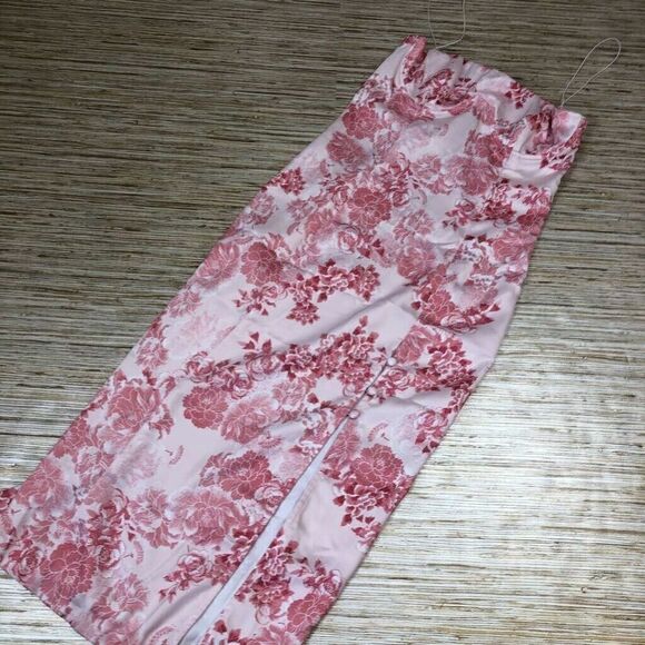 A-548 H:ours Hours Sybil Sheath Dress Pink Red Floral Slit Spaghetti Strap sz L - Picture 1 of 5